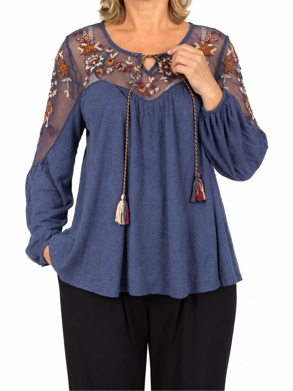 Sundance Embroidered Mesh Boho Tunic Top Size M Blue Balloon Sleeve